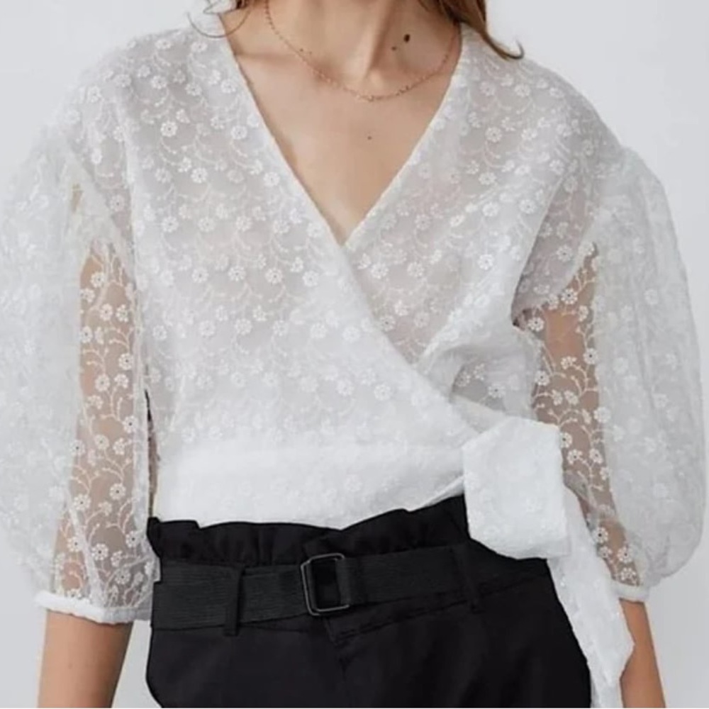 Zara Floral Embroidered Organza Wrap Top Size Small